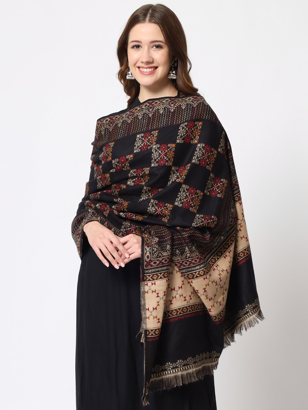 

Zamour Women Kullu Pattern Woven Design Woollen Shawl, Black