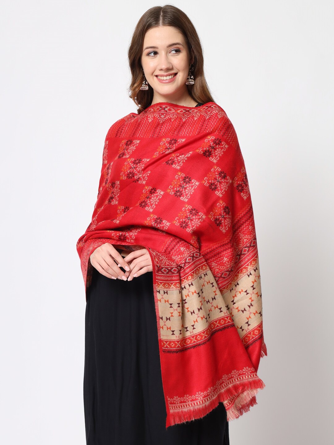 

Zamour Women Kullu Pattern Woven Design Woollen Shawl, Red