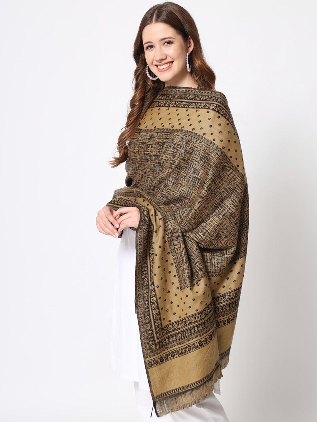 Zamour Women Abstract Woven Design Woollen Shawl, Beige