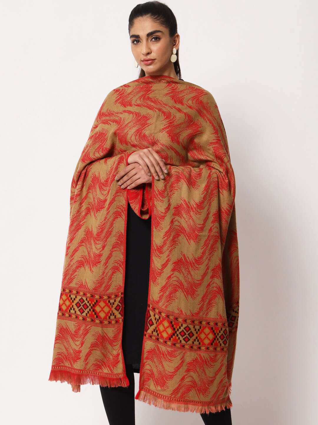 Zamour Women Kullu Abstract Woven Design Woollen Shawl, Beige