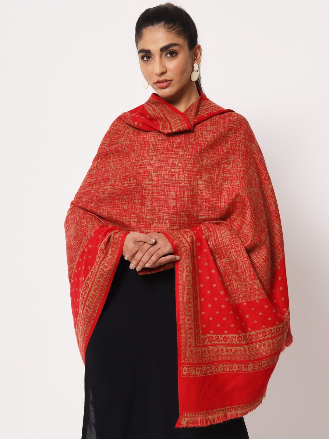 

Zamour Women Woven Abstract Design Woollen Shawl, Red