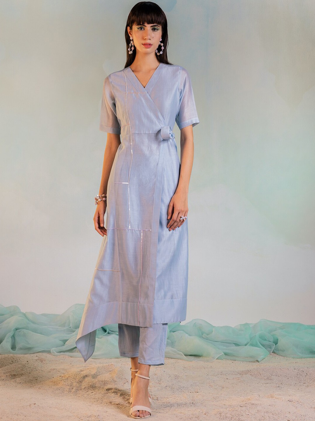 

charkhee Women Angrakha Sequinned Chanderi Silk Kurta with Trousers, Blue