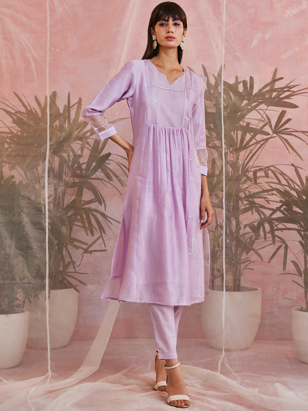 

charkhee Women Self Design Sequinned Chanderi Silk A-Line Pleated Kurta with Trousers, Lavender