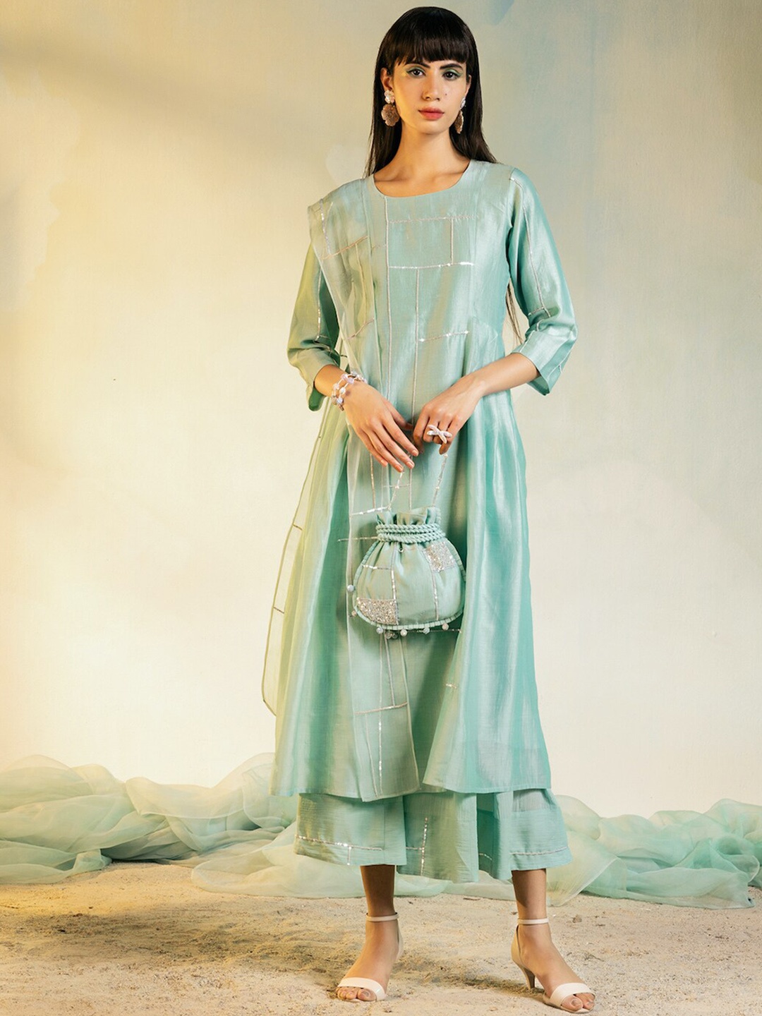 

charkhee Women Self Design Sequinned Chanderi Silk Kurta with Palazzos, Sea green
