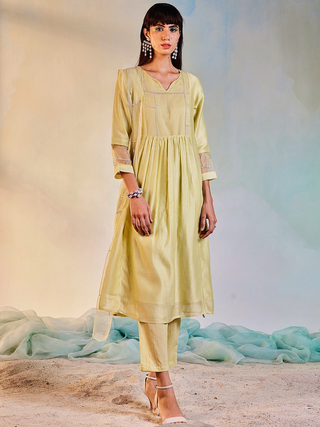 

charkhee Women Notch Neck Sequinned Chanderi Silk Kurta with Pyjamas, Yellow