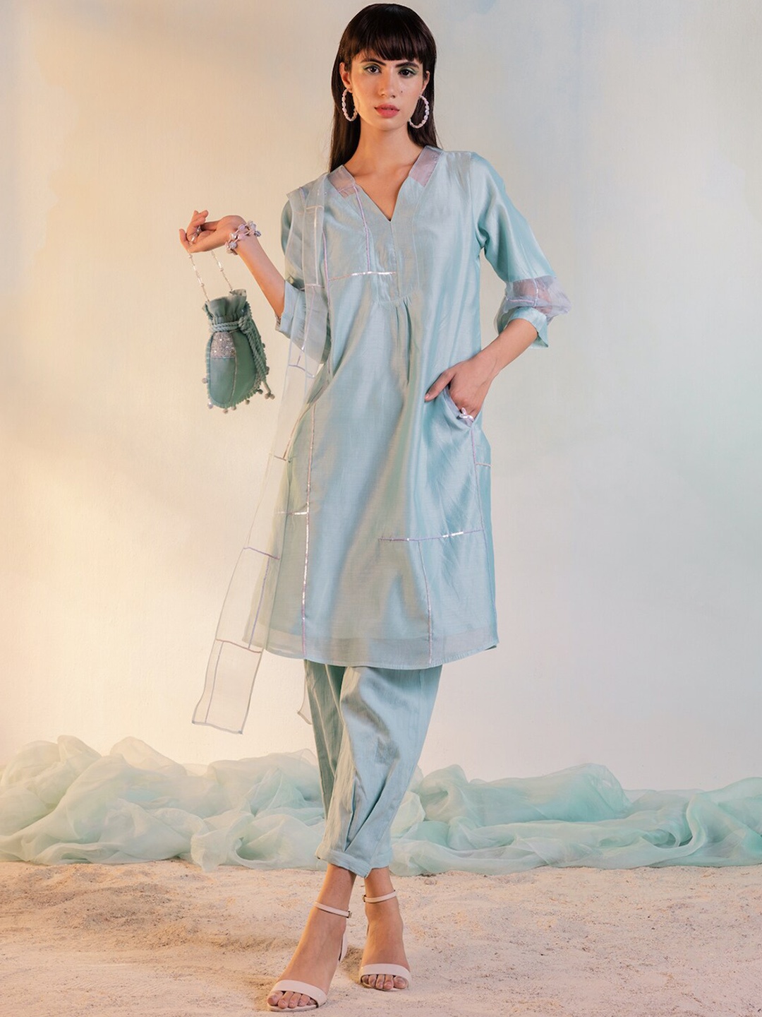 

charkhee Women Sequinned Chanderi Silk Kurta Set, Sea green