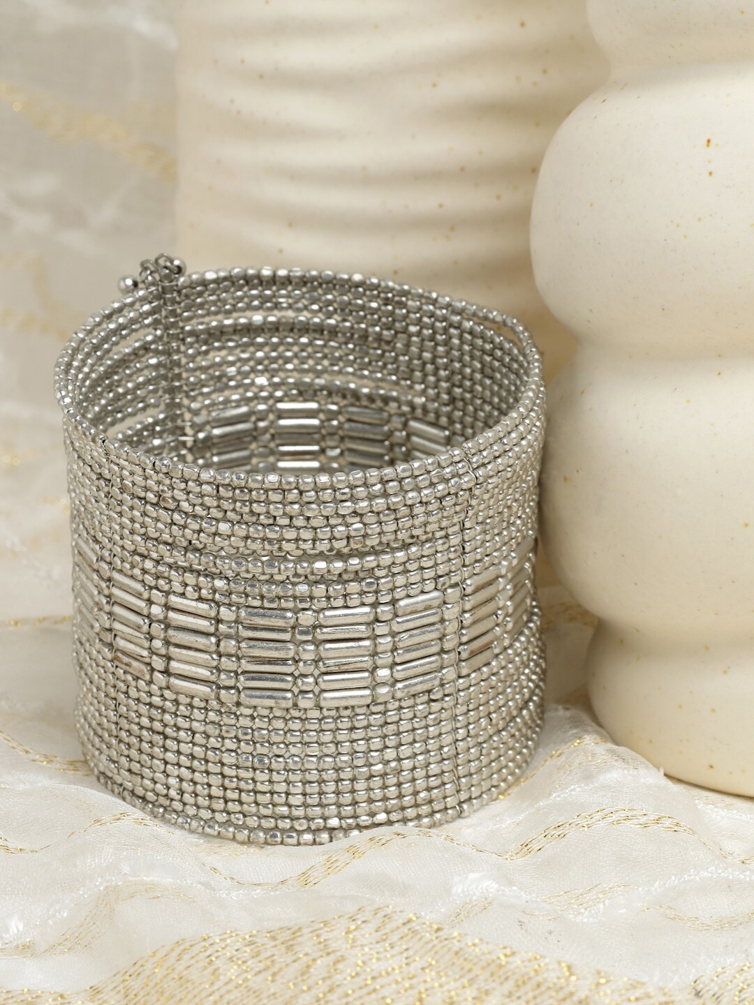 

Moedbuille Women Silver-Plated Oxidised Cuff Bracelet