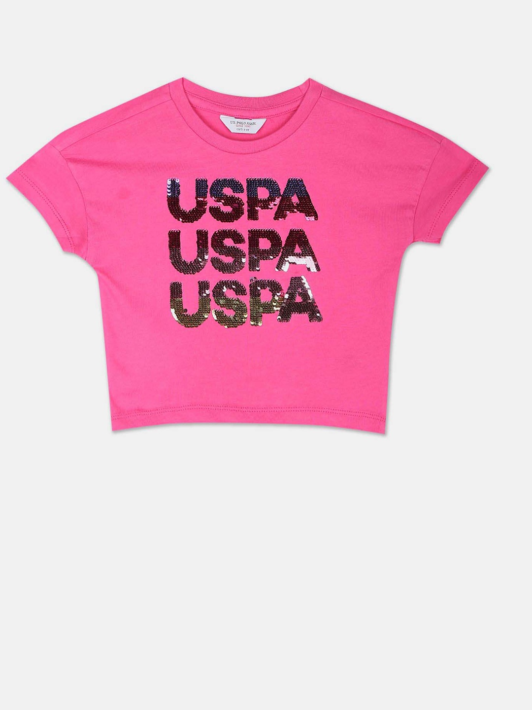 

U.S. Polo Assn. Kids Girls Sequined Pure Cotton T-shirt, Pink