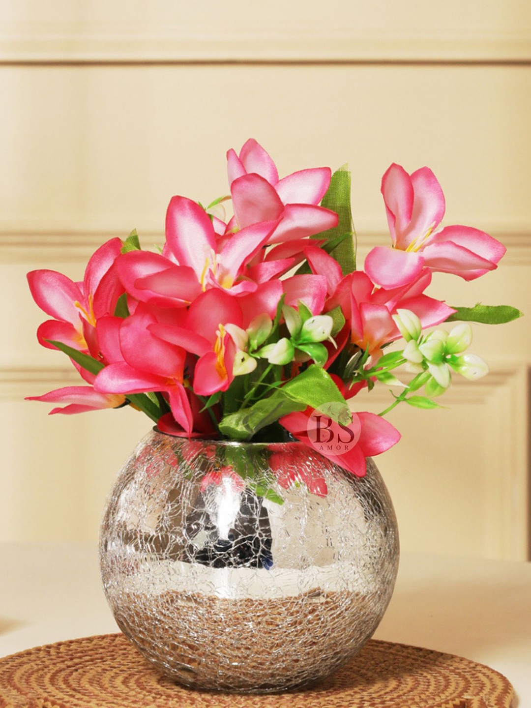

BS AMOR Pink & Green Artificial Lilly Flower With Glass Vase