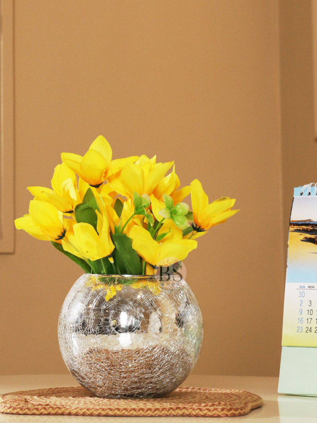 

BS AMOR Yellow & Green Artificial Lilly Flowers With Glass Vase