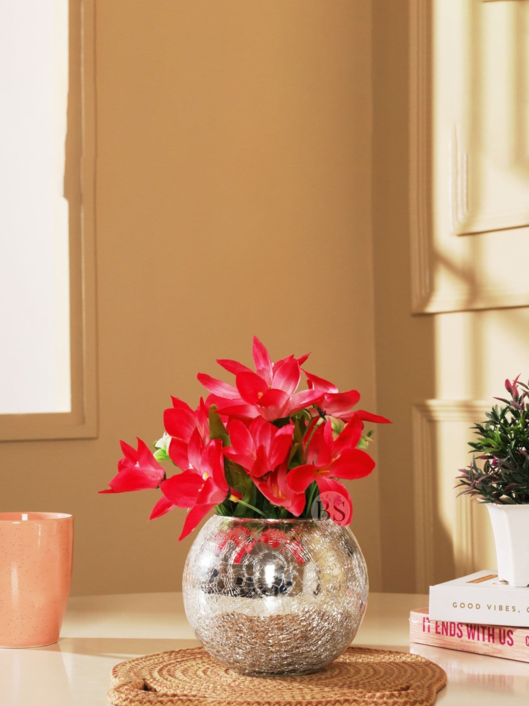 

BS AMOR Pink & Green Artificial Lilly Flower With Glass Vase