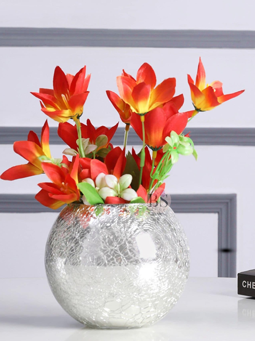 

BS AMOR Red & Yellow Artificial Lilly Flower With Glass Vase