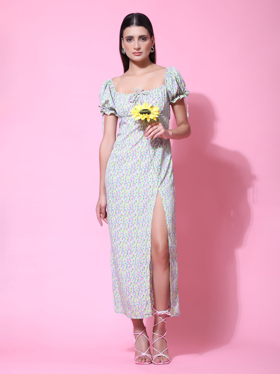 

Phenav Floral Printed A-Line Side Slit Maxi Dress, Green