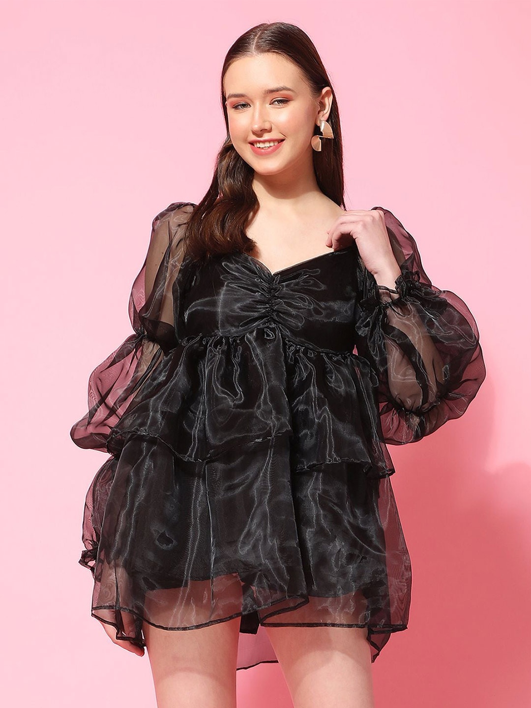 

Phenav Sweetheart Neck Silk A-Line Mini Dress, Black