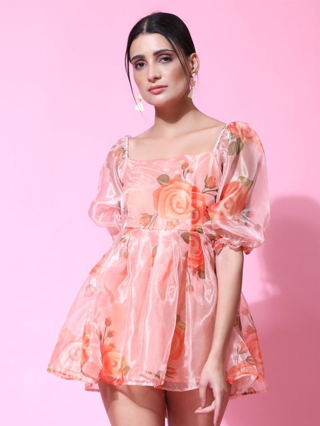 

Phenav Floral Printed Silk Mini Fit & Flare Dress, Orange