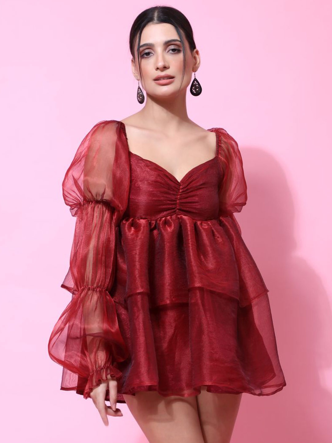 

Phenav Sweetheart Neck Silk Mini A-Line Dress, Maroon