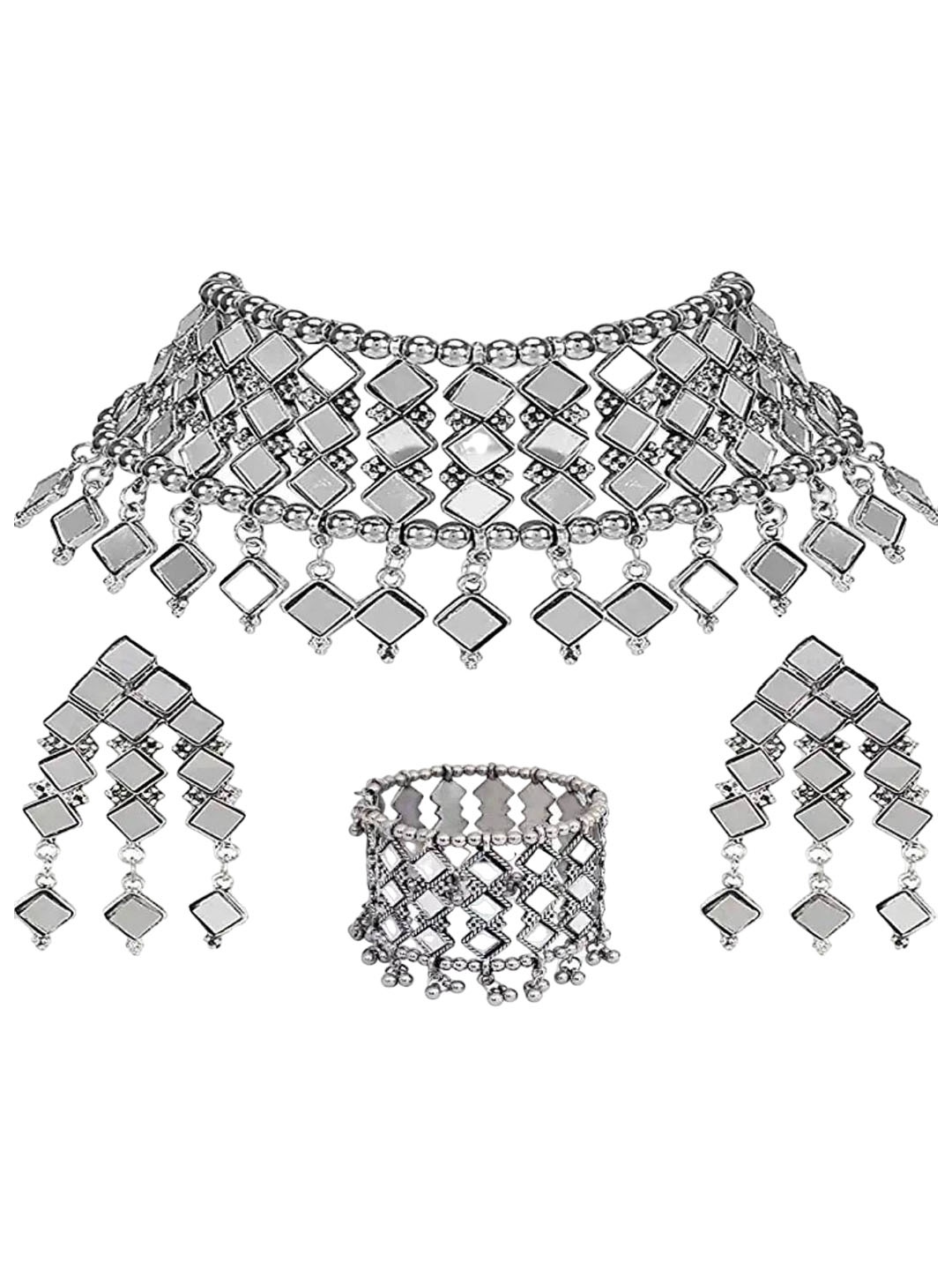 

Krelin Brass-Plated Mirror Studded & Beaded Oxidized Jewellery Set, Silver