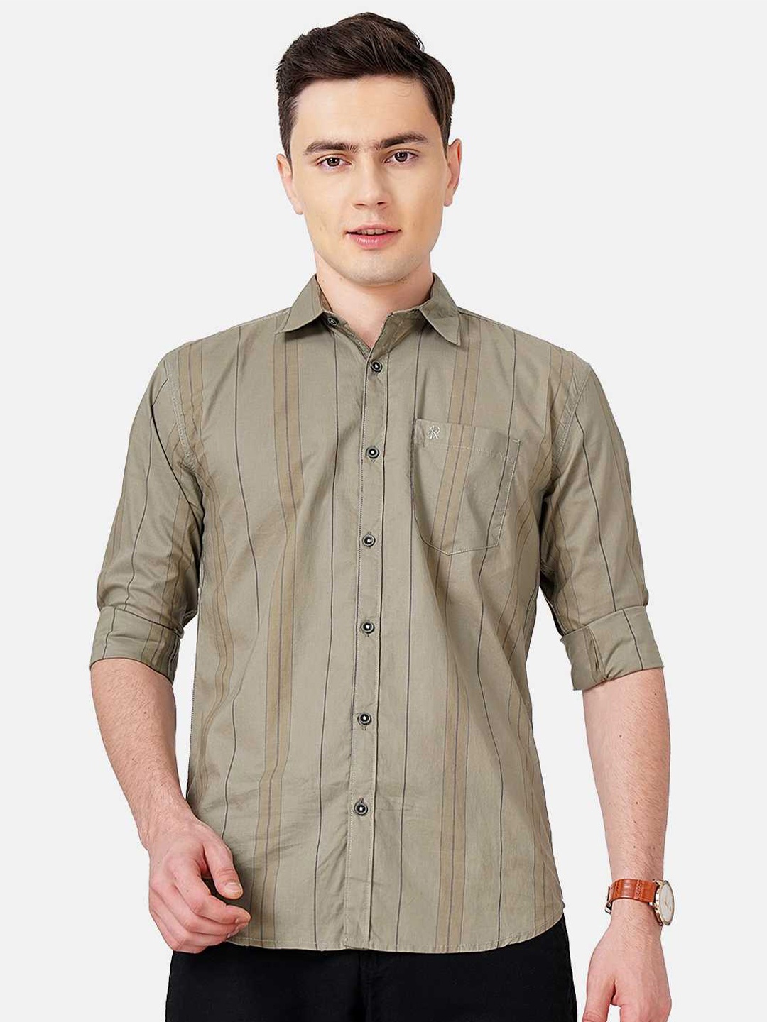 

SORATIA Men Slim Fit Striped Casual Cotton Shirt, Olive