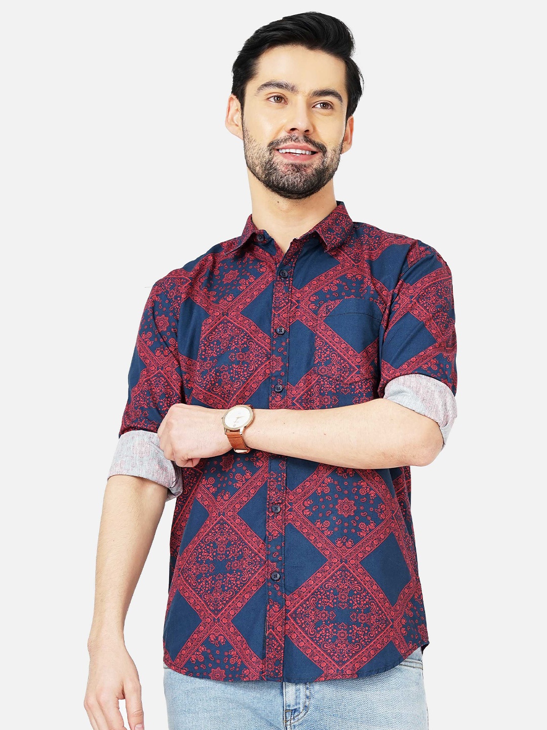 

SORATIA Men Slim Fit Printed Casual Cotton Shirt, Blue