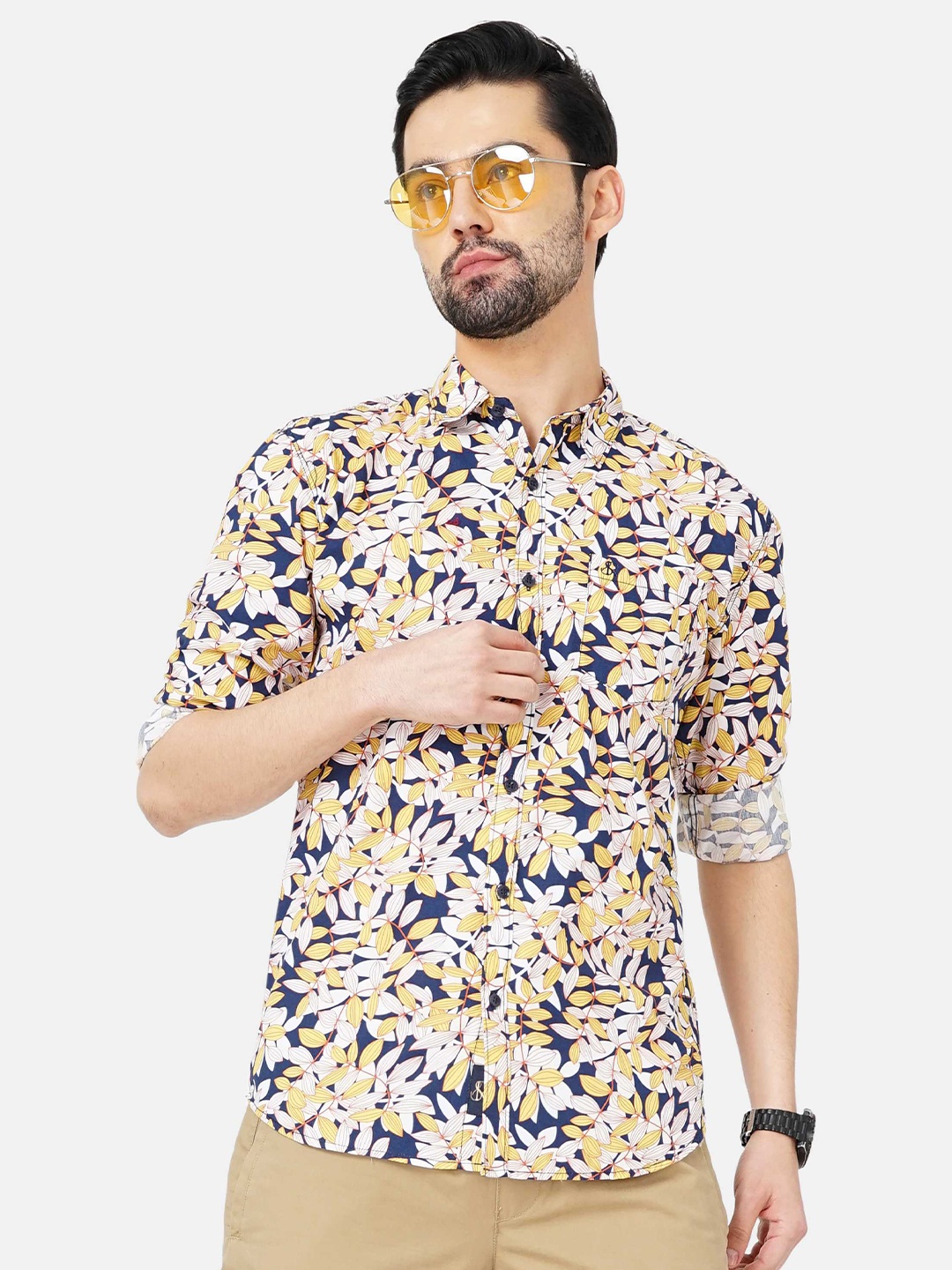 SORATIA Men Floral Printed Cotton Slim Fit Casual Shirt, Navy blue
