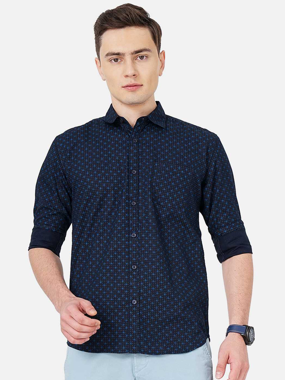 

SORATIA Men Micro Ditsy Printed Slim Fit Casual Cotton Shirt, Navy blue