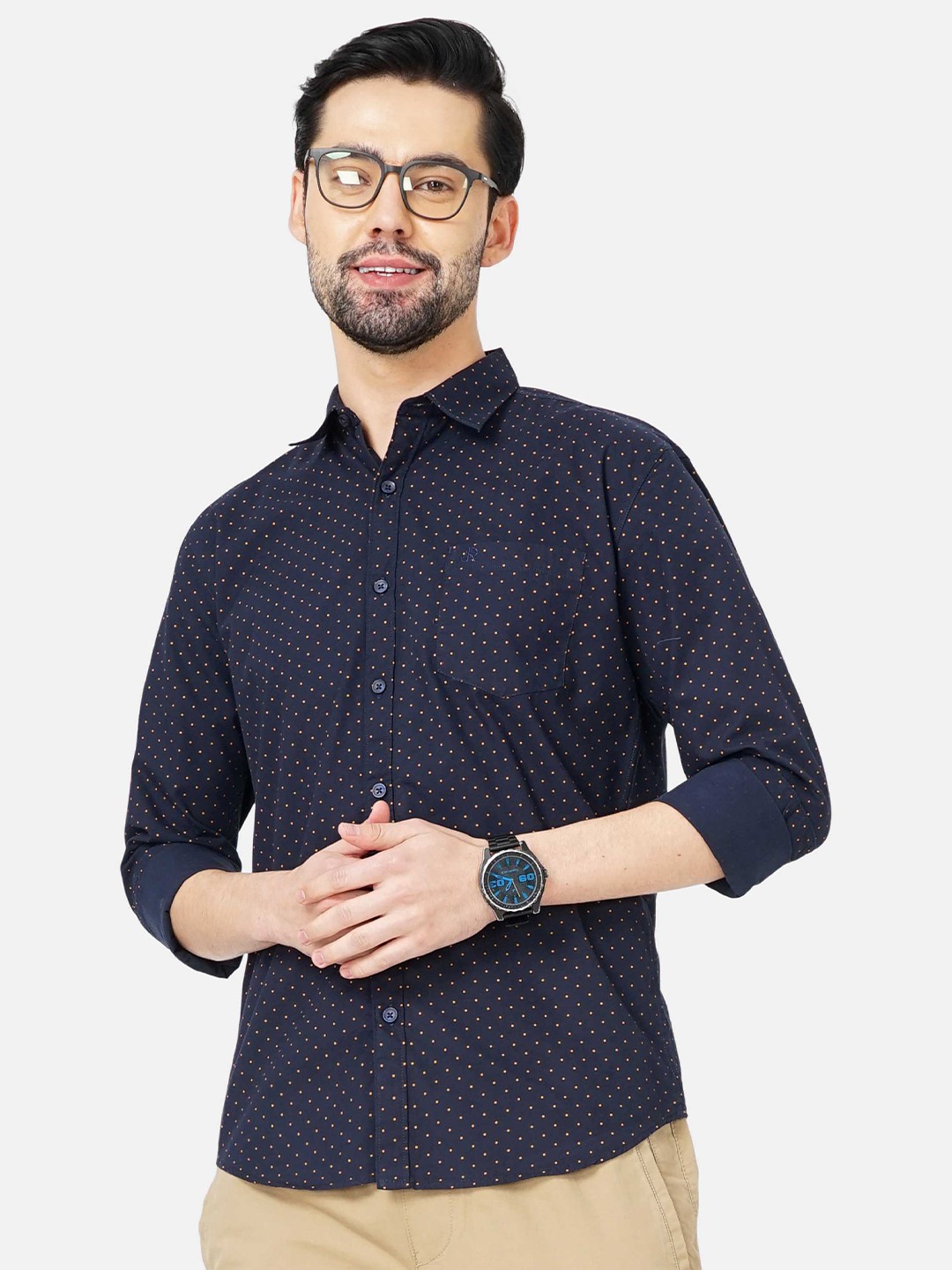 

SORATIA Men Slim Fit Polka Dots Printed Casual Cotton Shirt, Navy blue