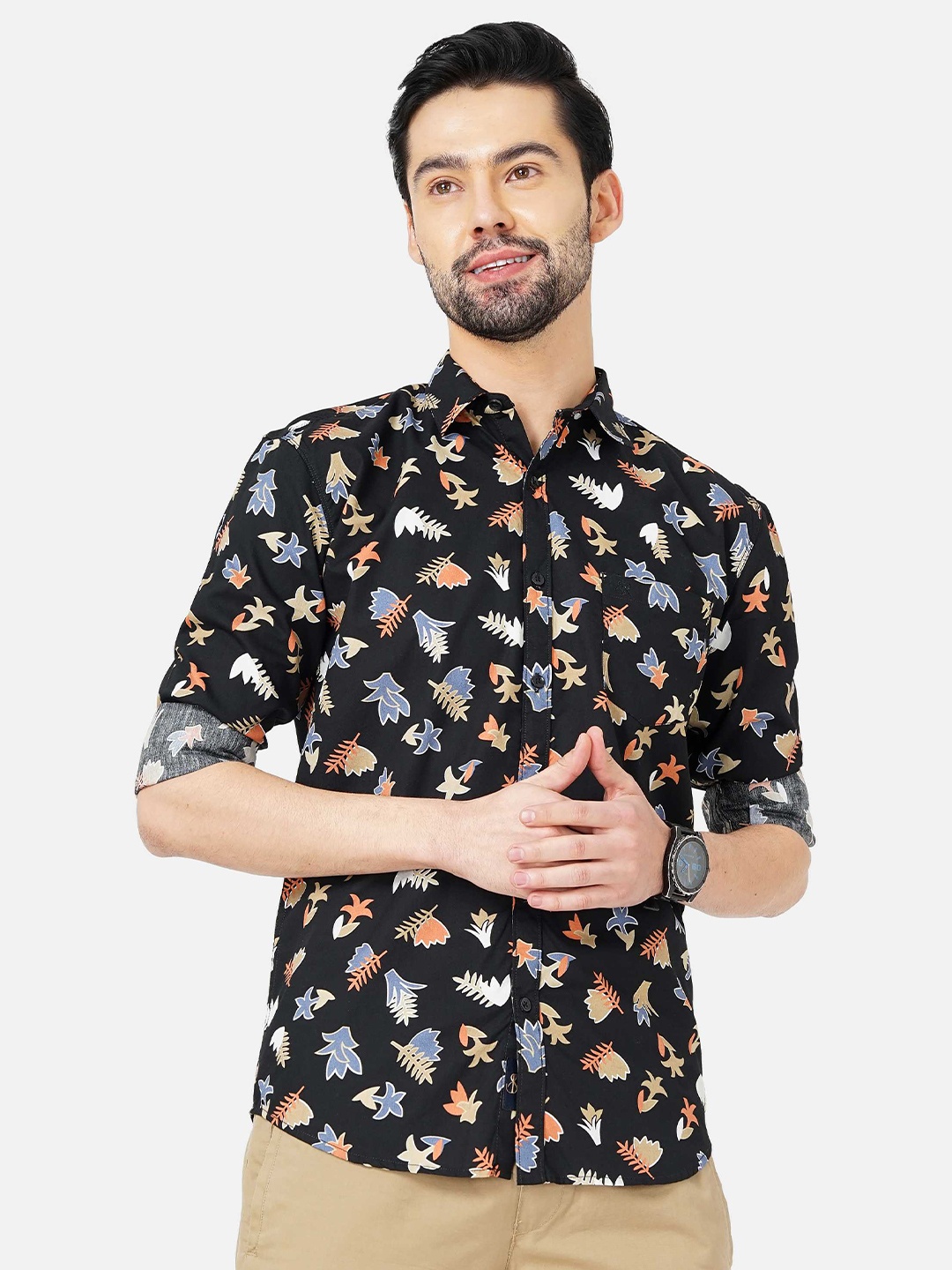SORATIA Men Slim Fit conversational Printed Casual Cotton Shirt, Black