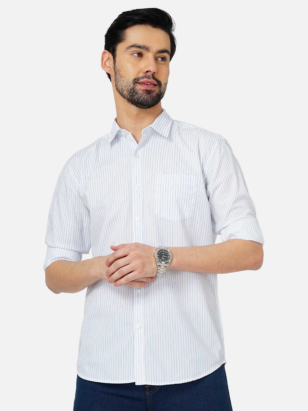 

SORATIA Men Striped Slim Fit Casual Cotton Shirt, White