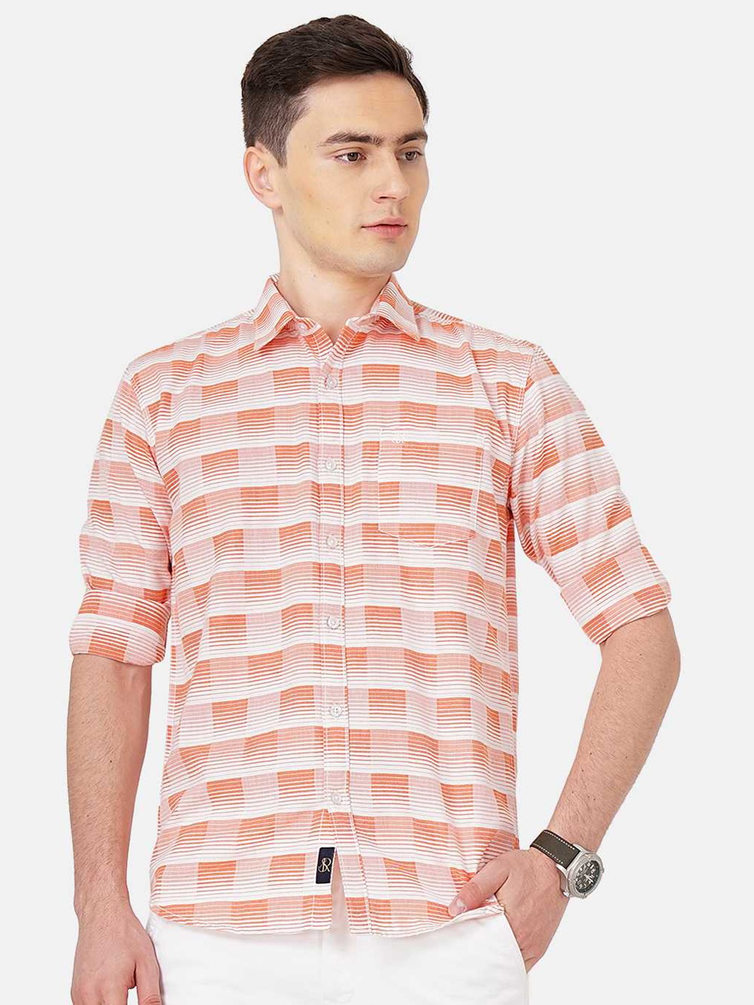 

SORATIA Spread Collar Slim Fit Checked Casual Cotton Shirt, Orange