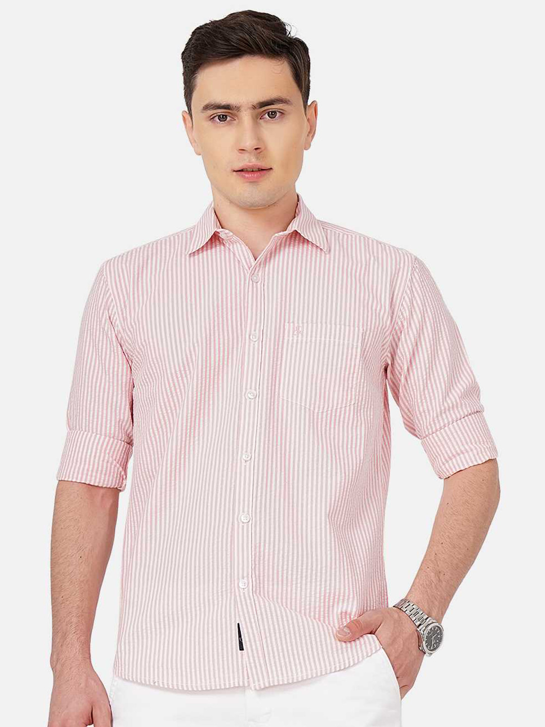 

SORATIA Men Slim Fit Striped Casual Cotton Shirt, Pink