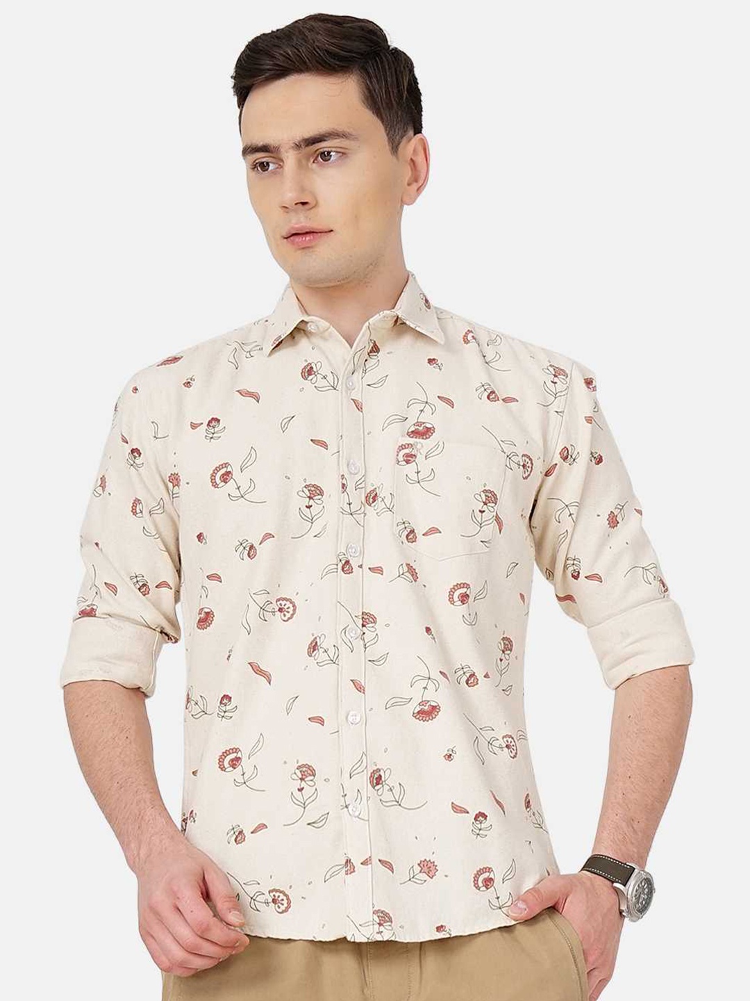 

SORATIA Men Slim Fit Floral Printed Cotton Casual Shirt, Cream