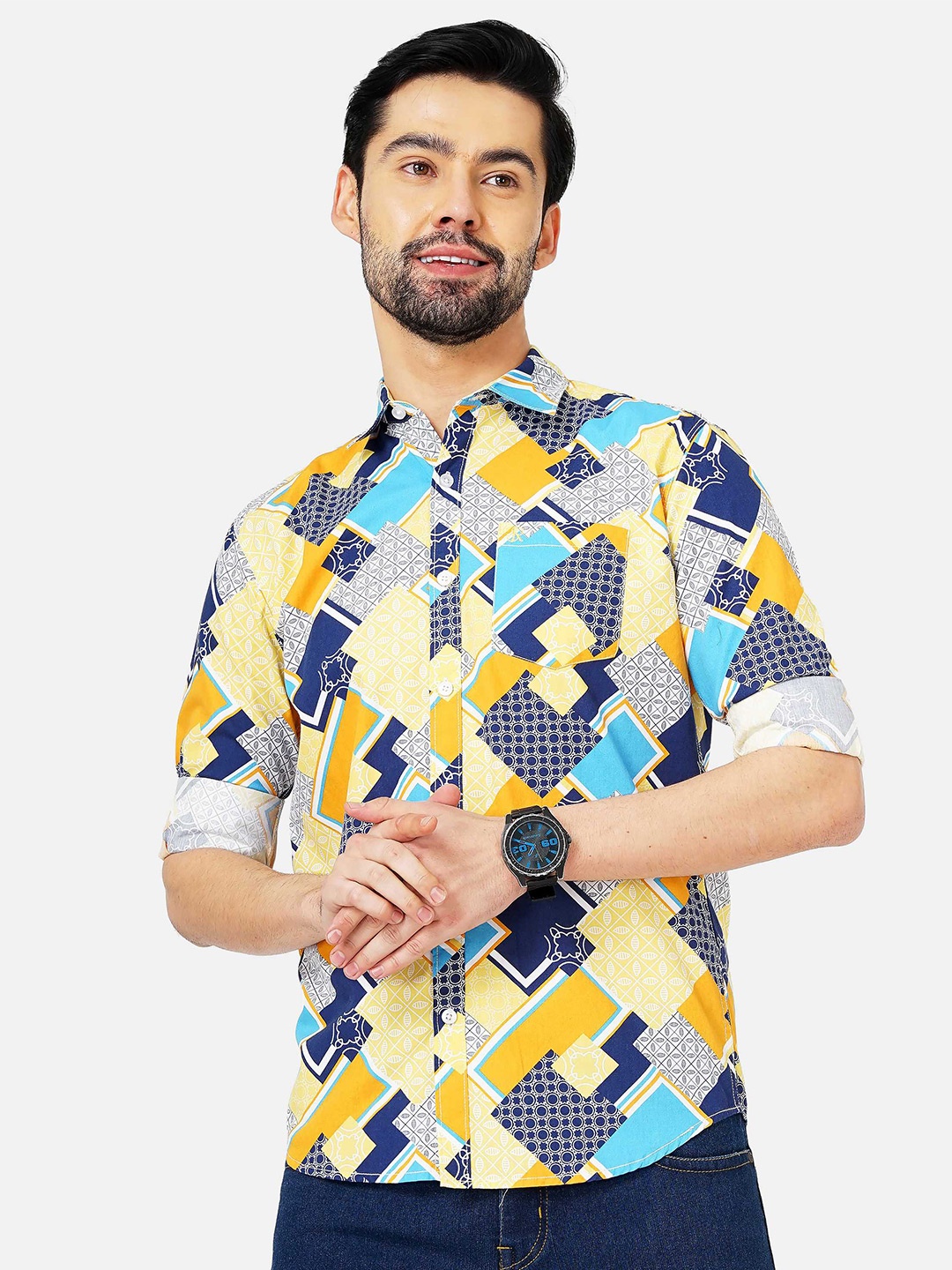 

SORATIA Men Slim Fit Printed Casual Cotton Shirt, Yellow
