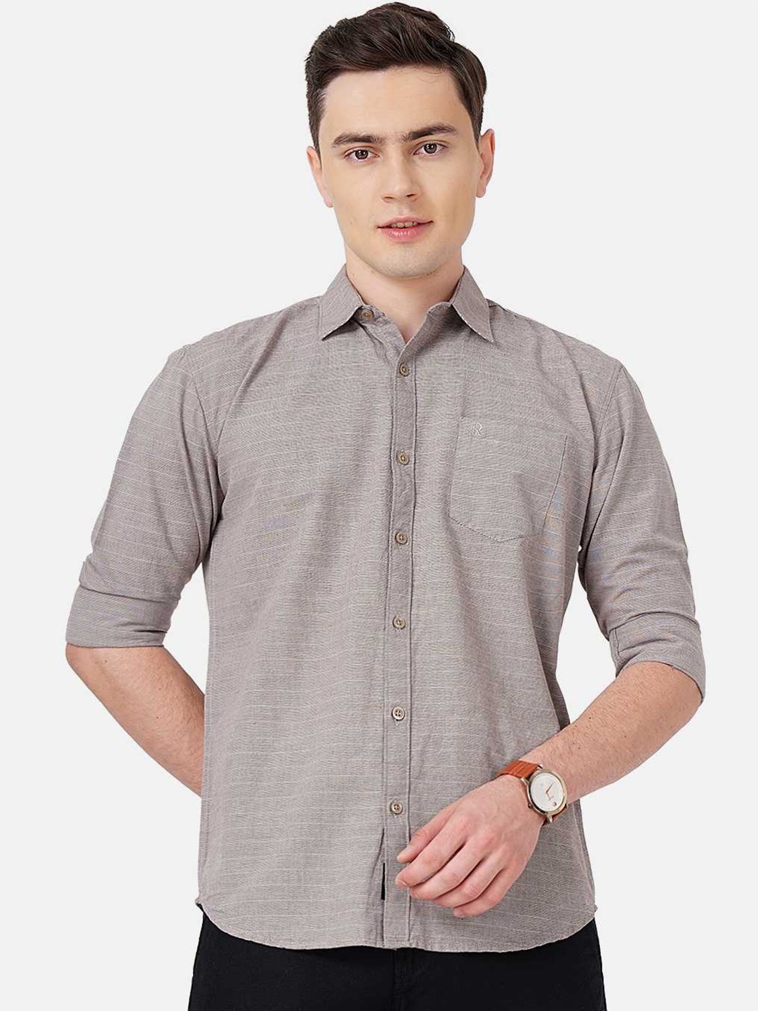 

SORATIA Men Horizontal Striped Slim Fit Casual Cotton Shirt, Beige