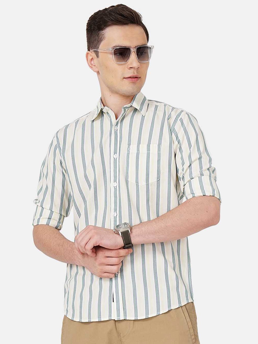 

SORATIA Spread Collar Slim Fit Striped Casual Cotton Shirt, Off white