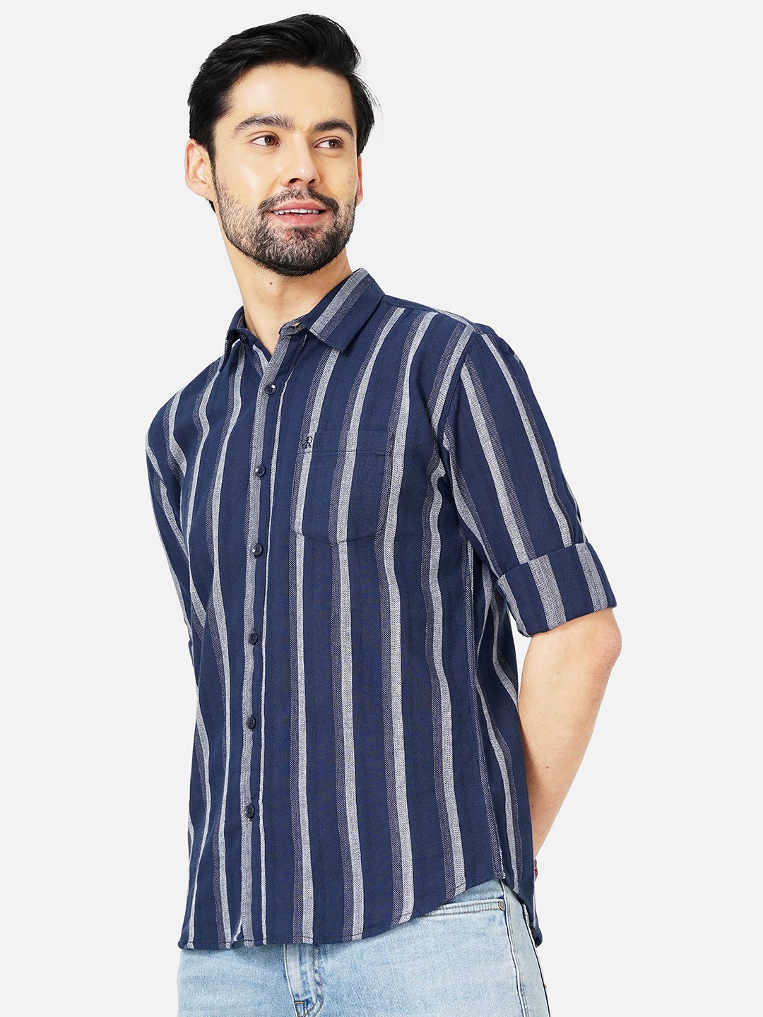 

SORATIA Men Slim Fit Striped Casual Cotton Shirt, Navy blue
