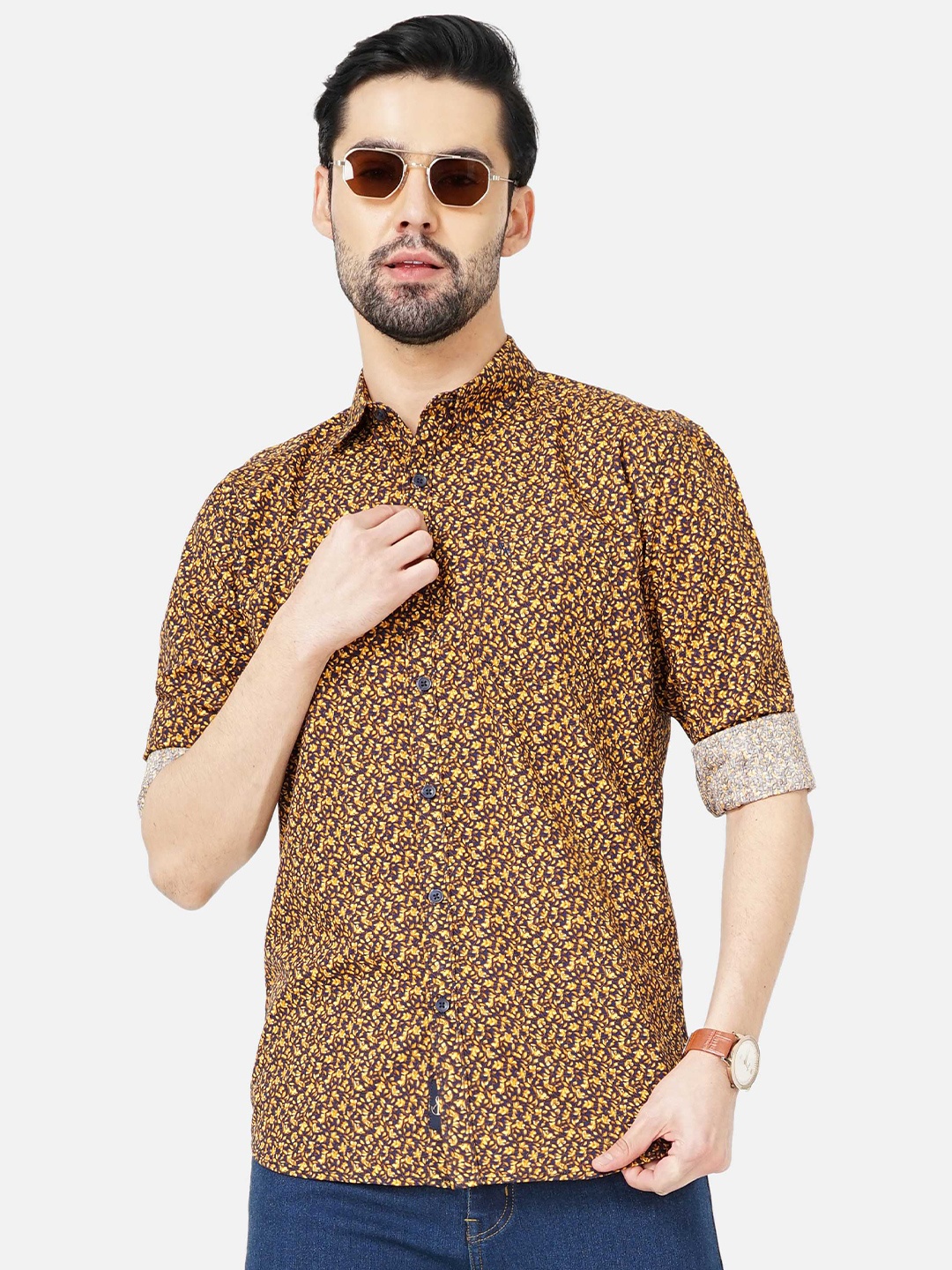 

SORATIA Men Slim Fit Floral Printed Cotton Casual Shirt, Gold