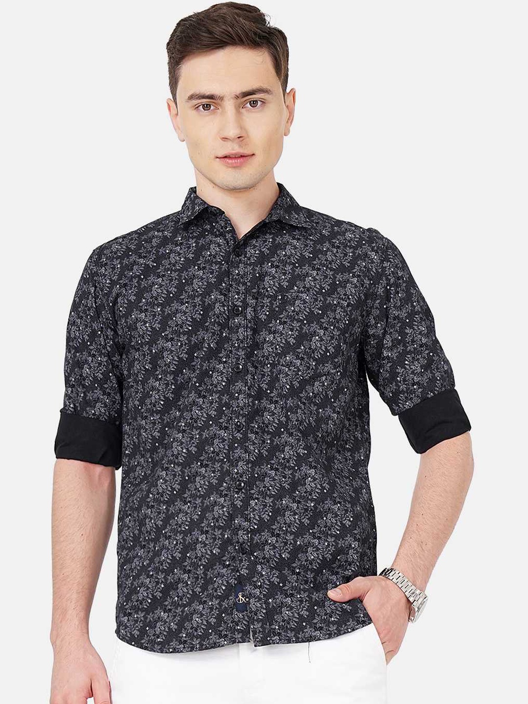 

SORATIA Men Slim Fit Floral Printed Casual Cotton Shirt, Black