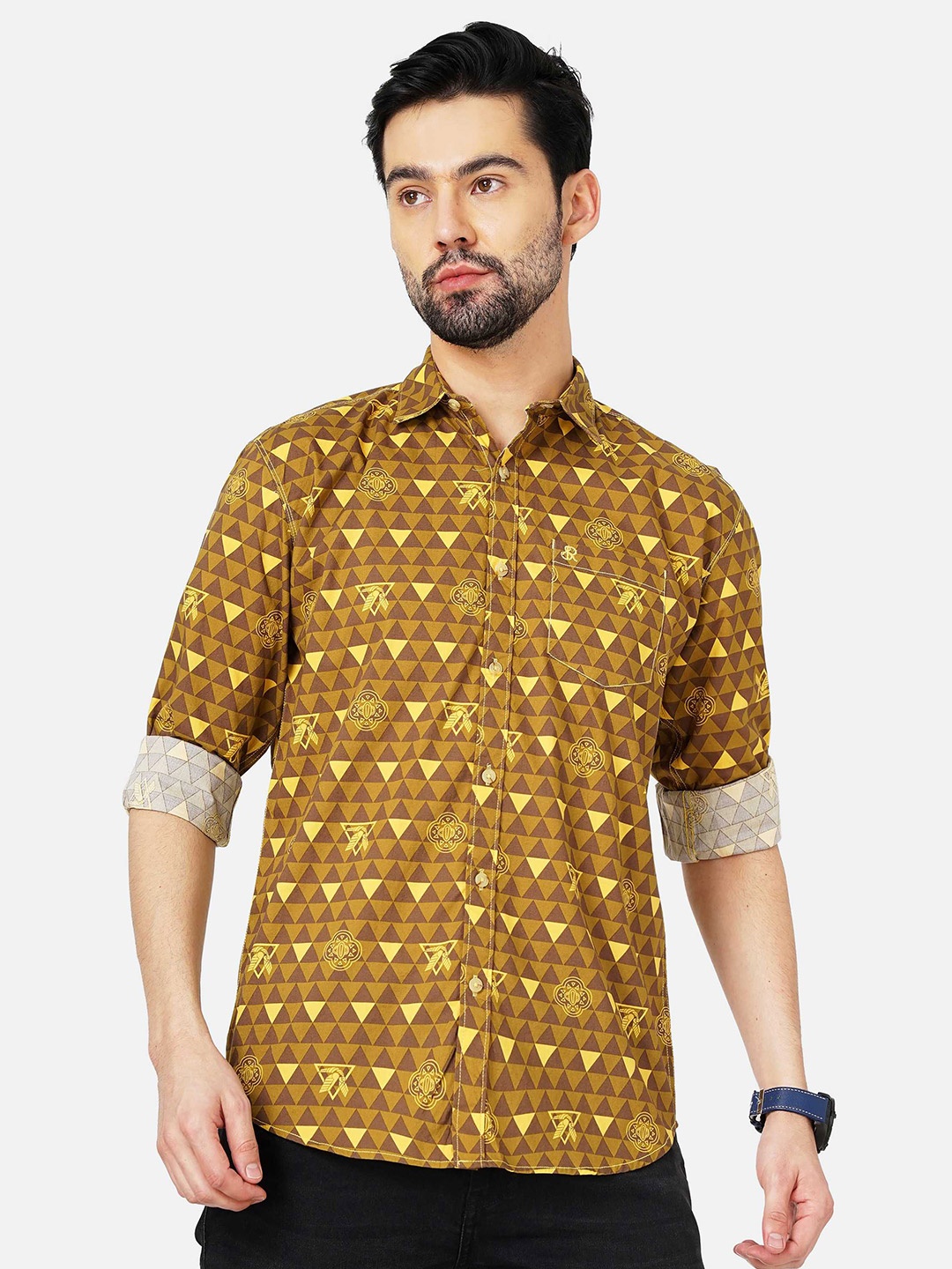 

SORATIA Men Slim Fit Geometric Printed Casual Cotton Shirt, Mustard