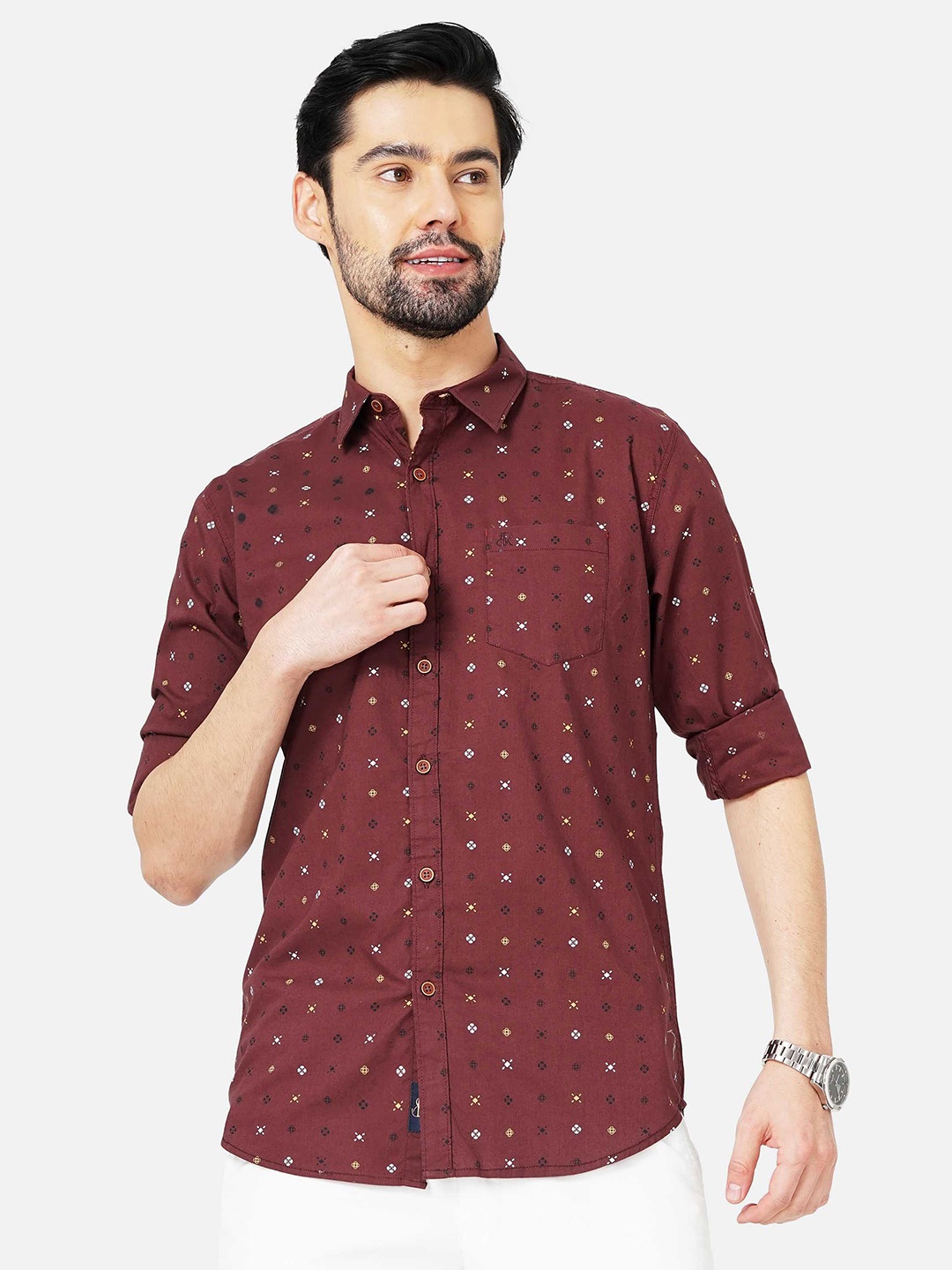 

SORATIA Men Slim Fit Printed Casual Cotton Shirt, Burgundy