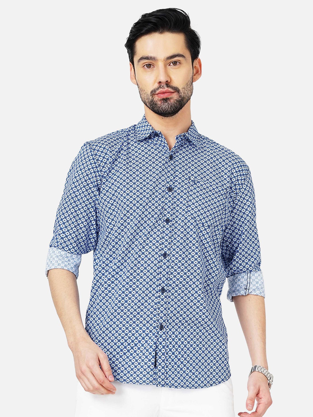

SORATIA Men Slim Fit Geometric Printed Casual Cotton Shirt, Blue