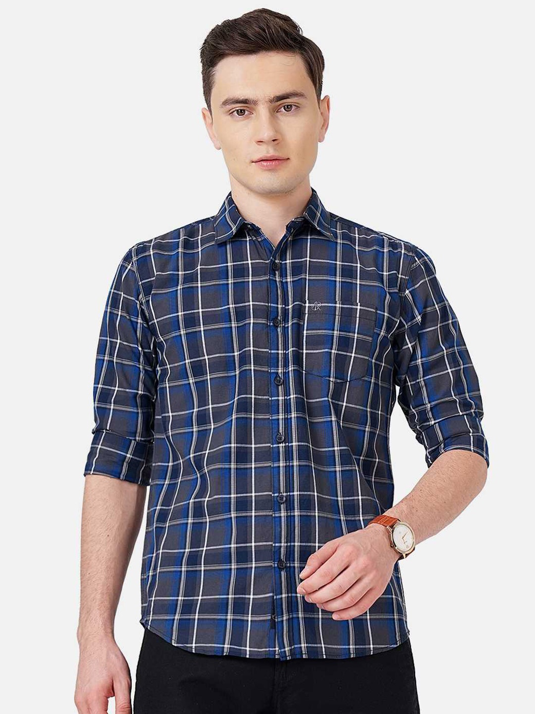 SORATIA Men Slim Fit Tartan Checked Casual Cotton Shirt, Navy blue