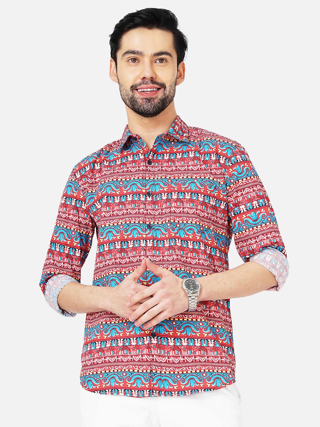 

SORATIA Men Slim Fit Ethnic Printed Casual Cotton Shirt, Red