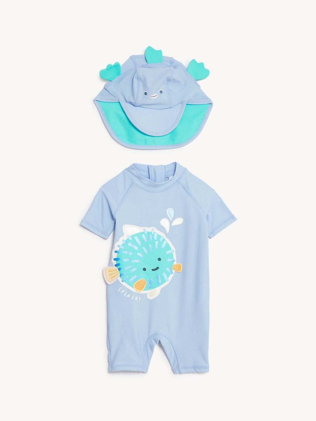 

Marks & Spencer Infant Boys Printed Swimwear Bodysuit With Swim Cap, Blue