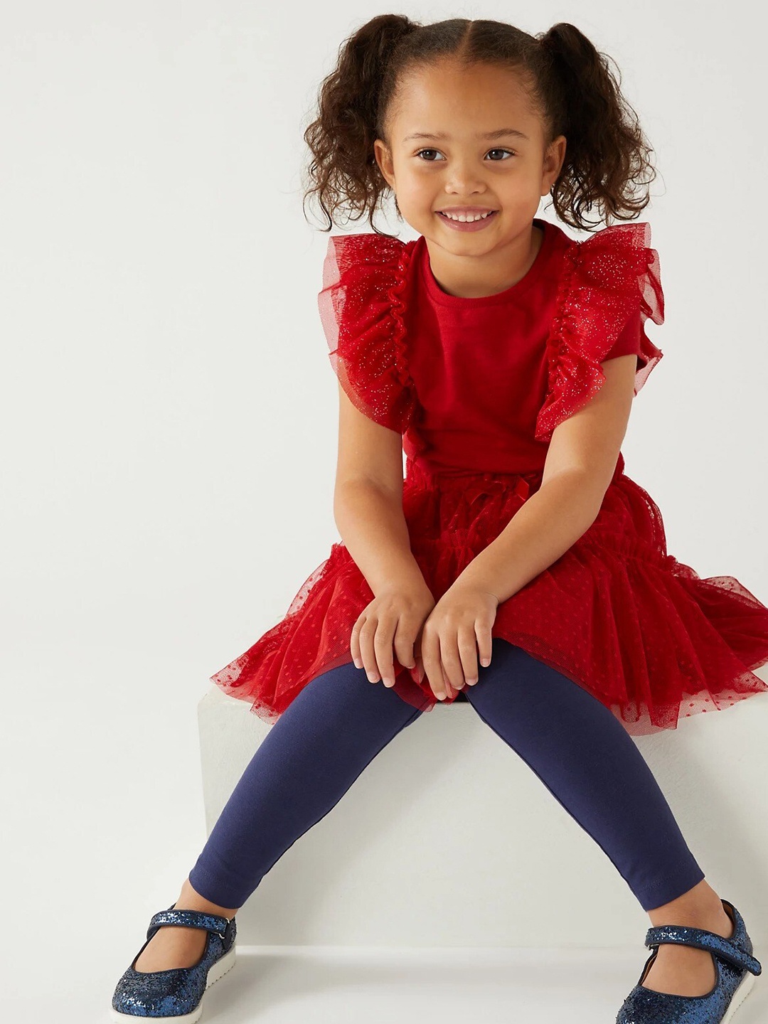 

Marks & Spencer Girls Ruffled Self Design Cotton Top, Red
