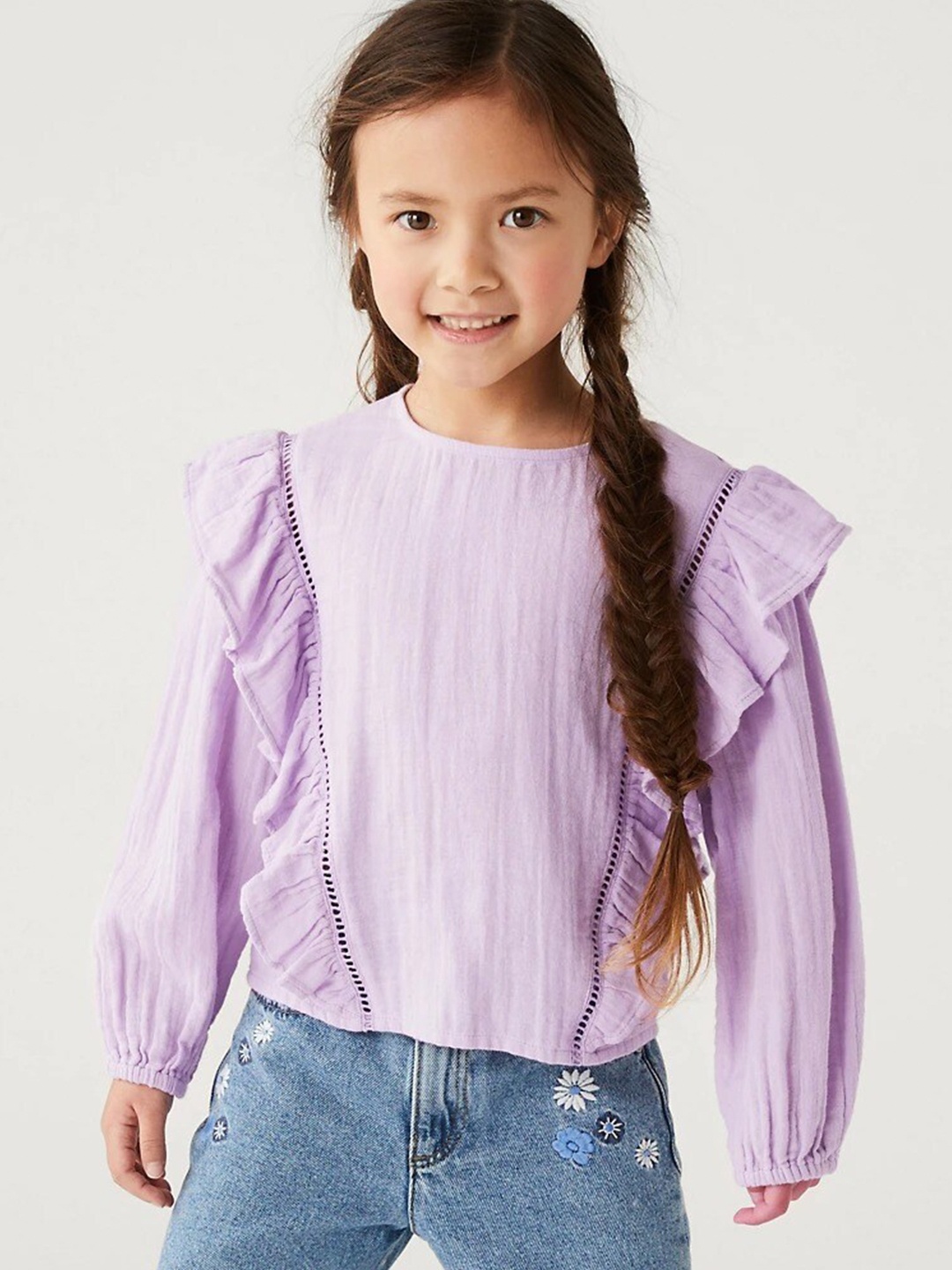 

Marks & Spencer Regular Ruffles Cuffed Sleeves Pure Cotton Top, Lavender