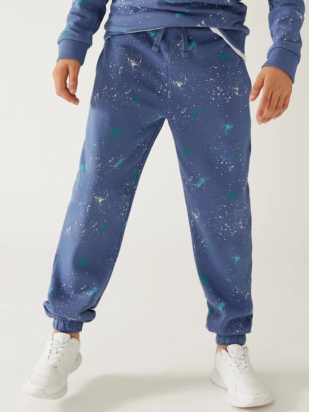 Marks & Spencer Boys Printed Cotton Mid-Rise Joggers, Blue