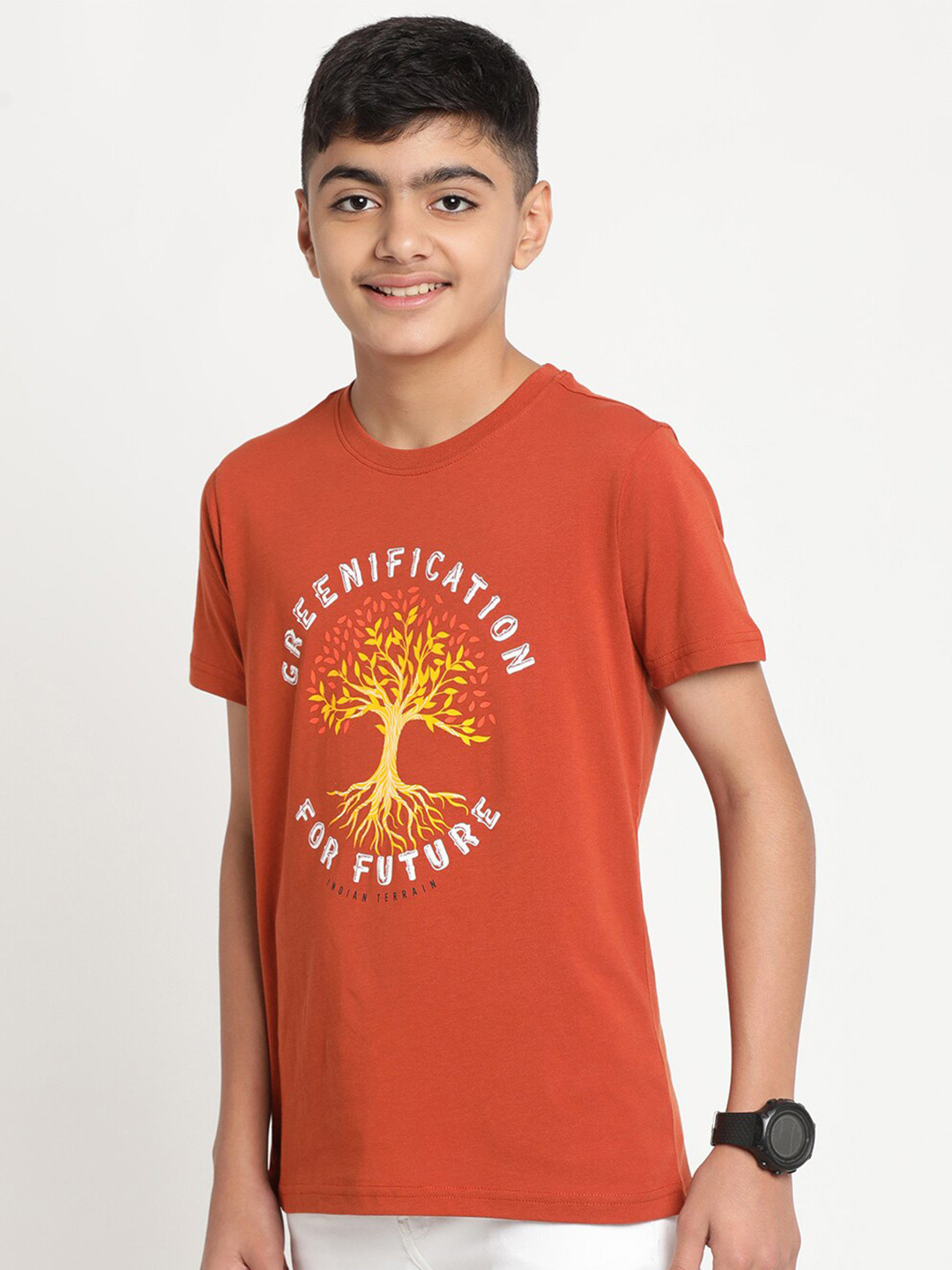 

Indian Terrain Boys Typography Printed Slim Fit Cotton T-shirt, Brown