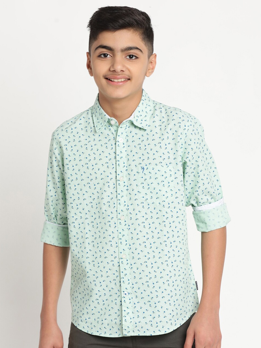 Indian Terrain Boys Standard Floral Printed Casual Pure Cotton Shirt, Green