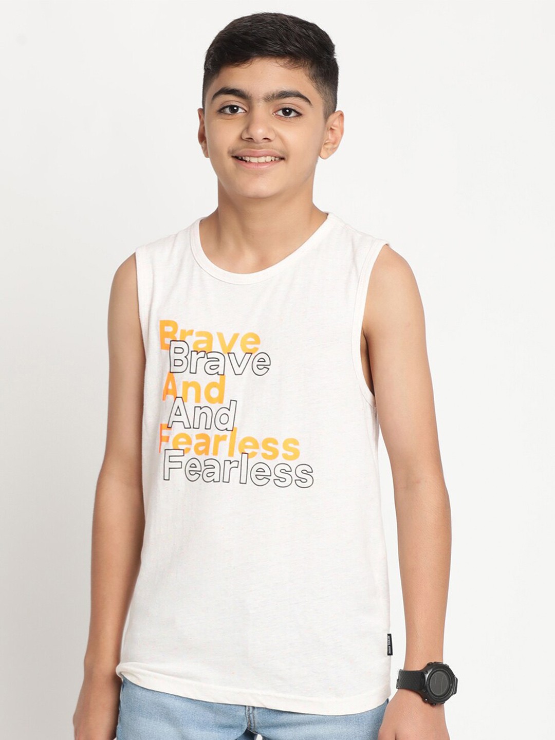 

Indian Terrain Boys Typography Printed Slim Fit Pure Cotton T-shirt, Off white