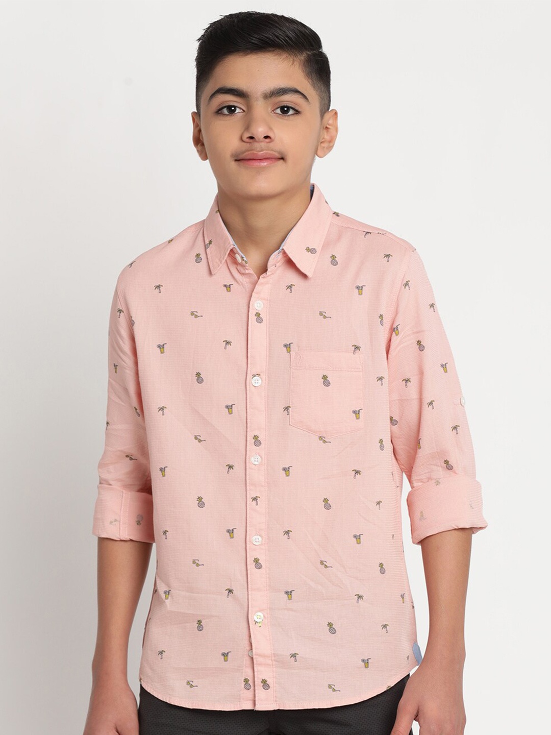 

Indian Terrain Boys Standard Conversational Printed Casual Pure Cotton Shirt, Peach